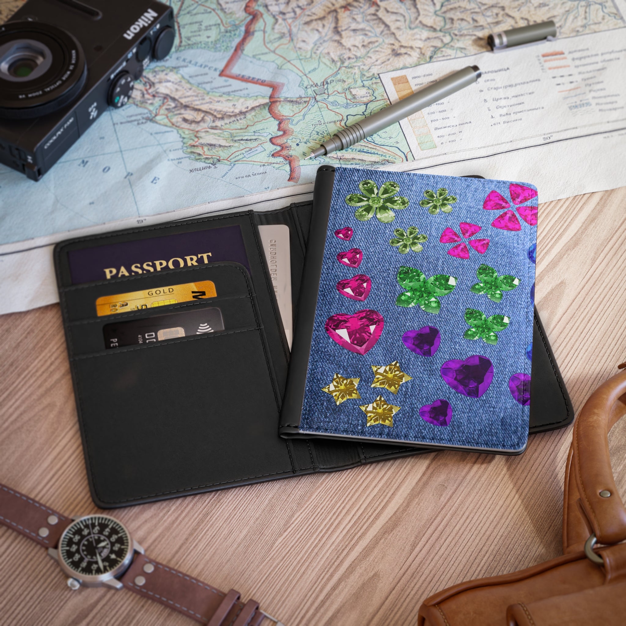 Denim & Rhinestone Passport Cover, Gift for Travelers, Couples’ Travel Accessory, Valentine’s Day Gift, Personalized Travel Wallet