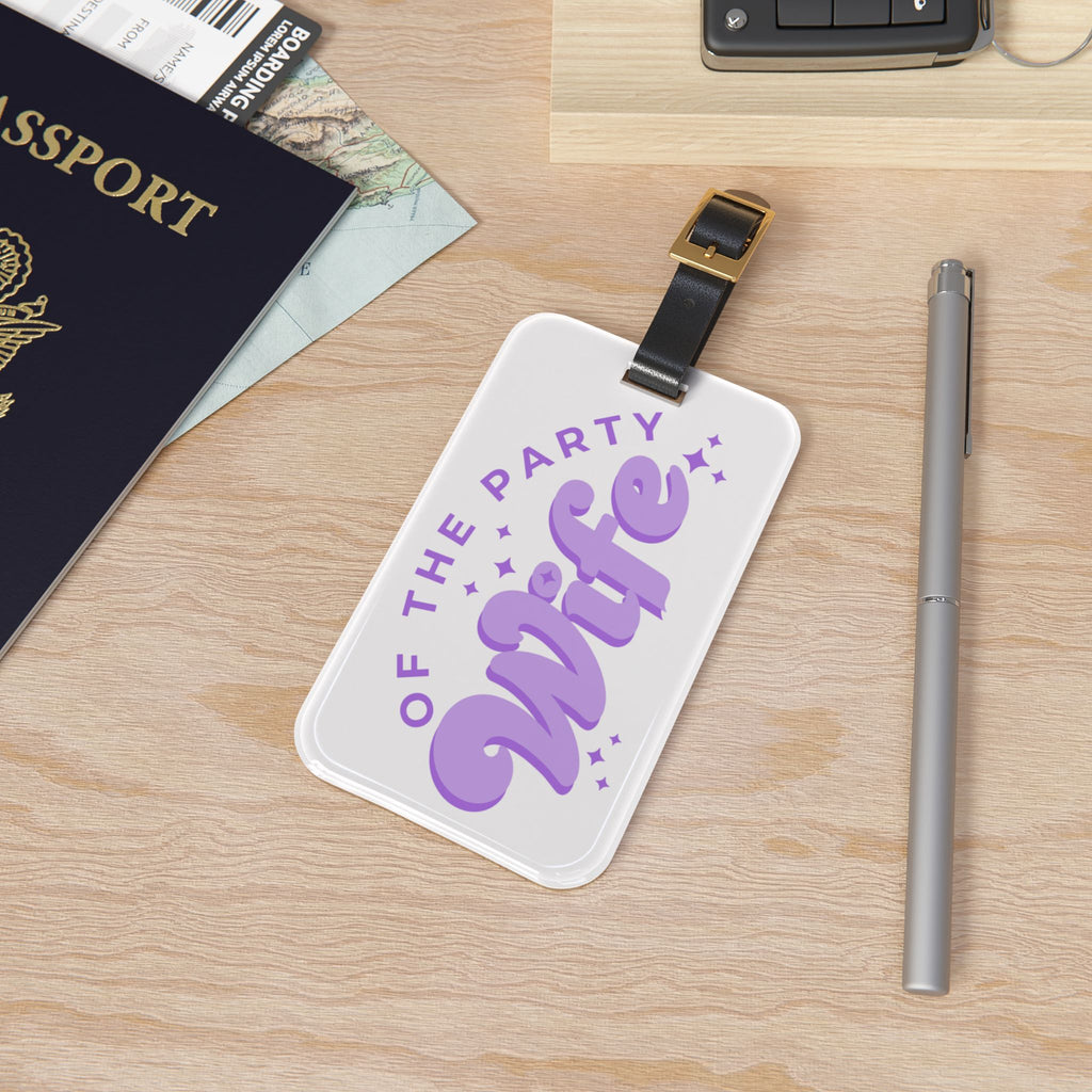Purple Wife Luggage Tag – “Wife of the Party” Pink Script Travel ID
