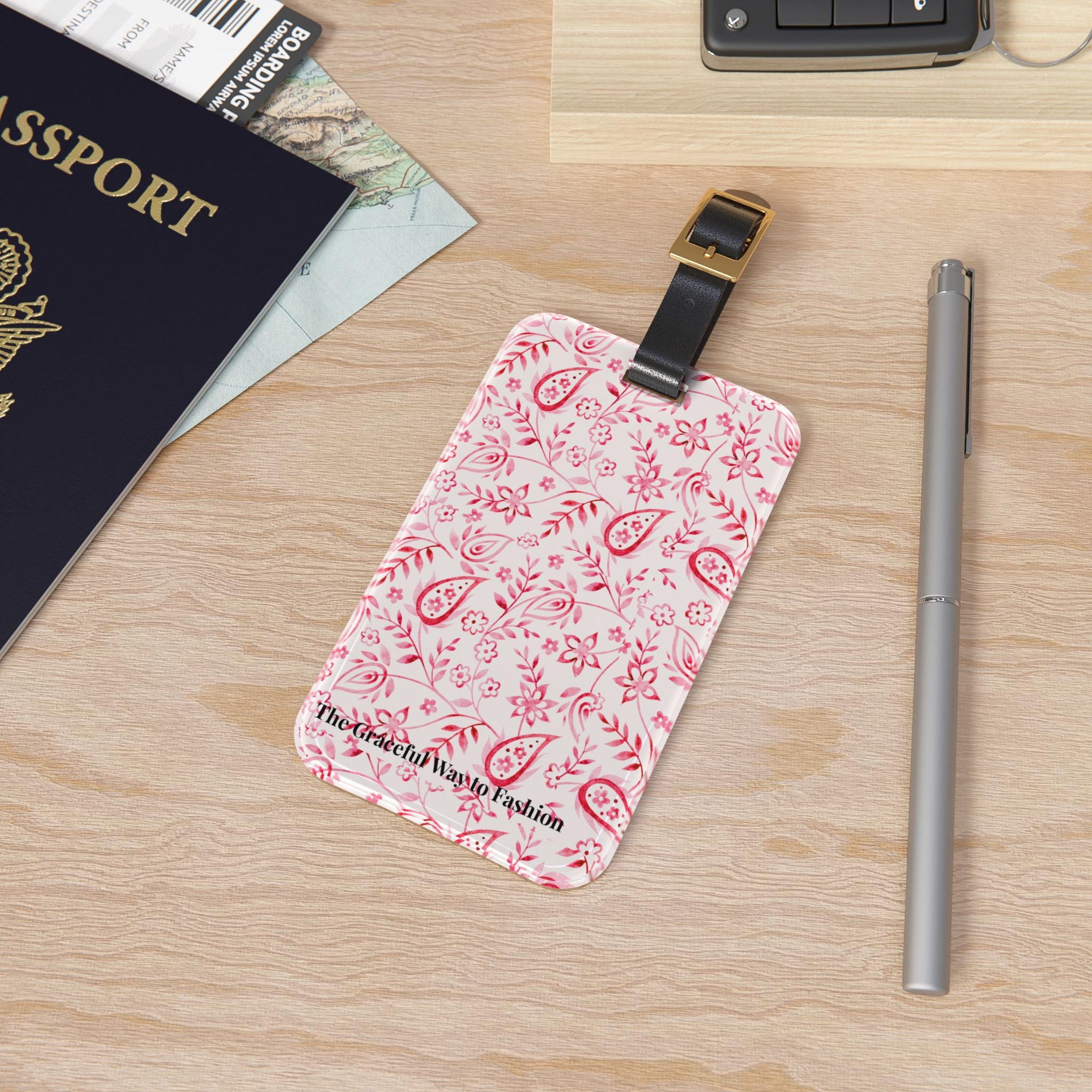 Pink Paisley Floral Luggage Tag - Feminine Travel ID Tag with Patterned Design