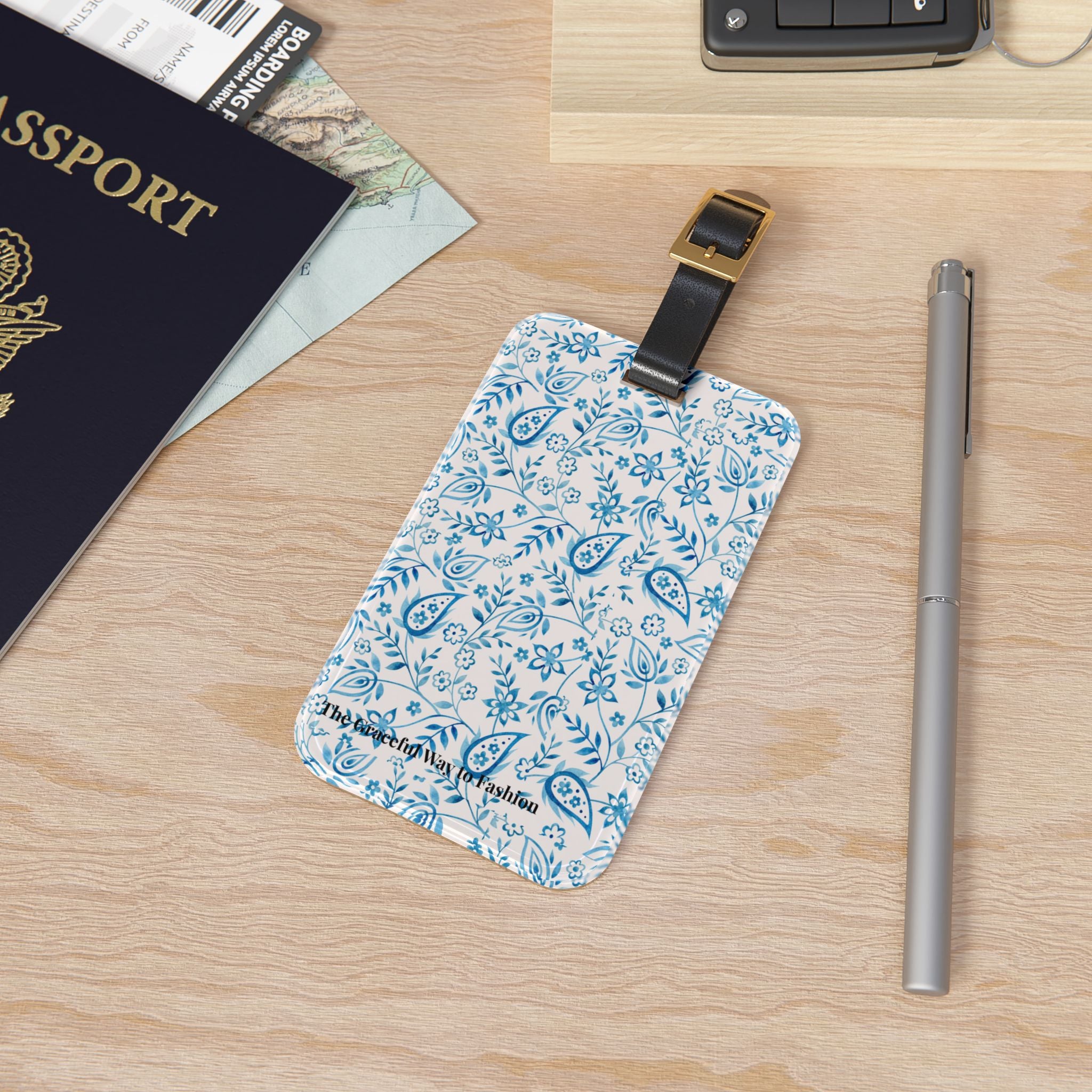 Paisley Patchwork Luggage Tag — Pink & Blue Travel ID with 'The Grateful Way to Fashion'