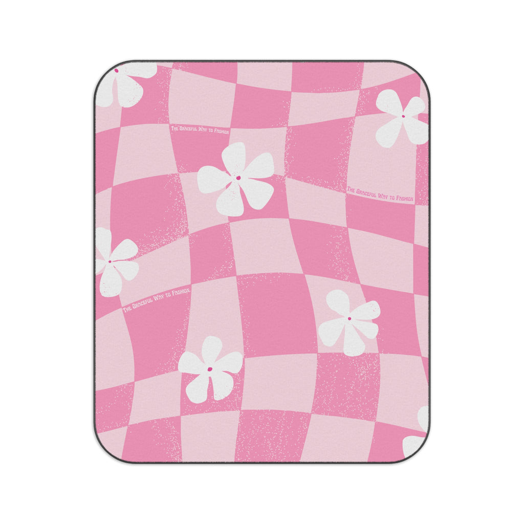 Pink Floral Check Picnic Blanket — Retro Gingham Outdoor Throw
