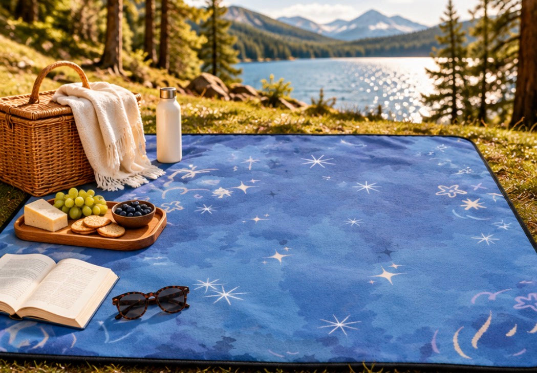 Starry Night Blue Picnic Blanket — Waterproof Outdoor Throw