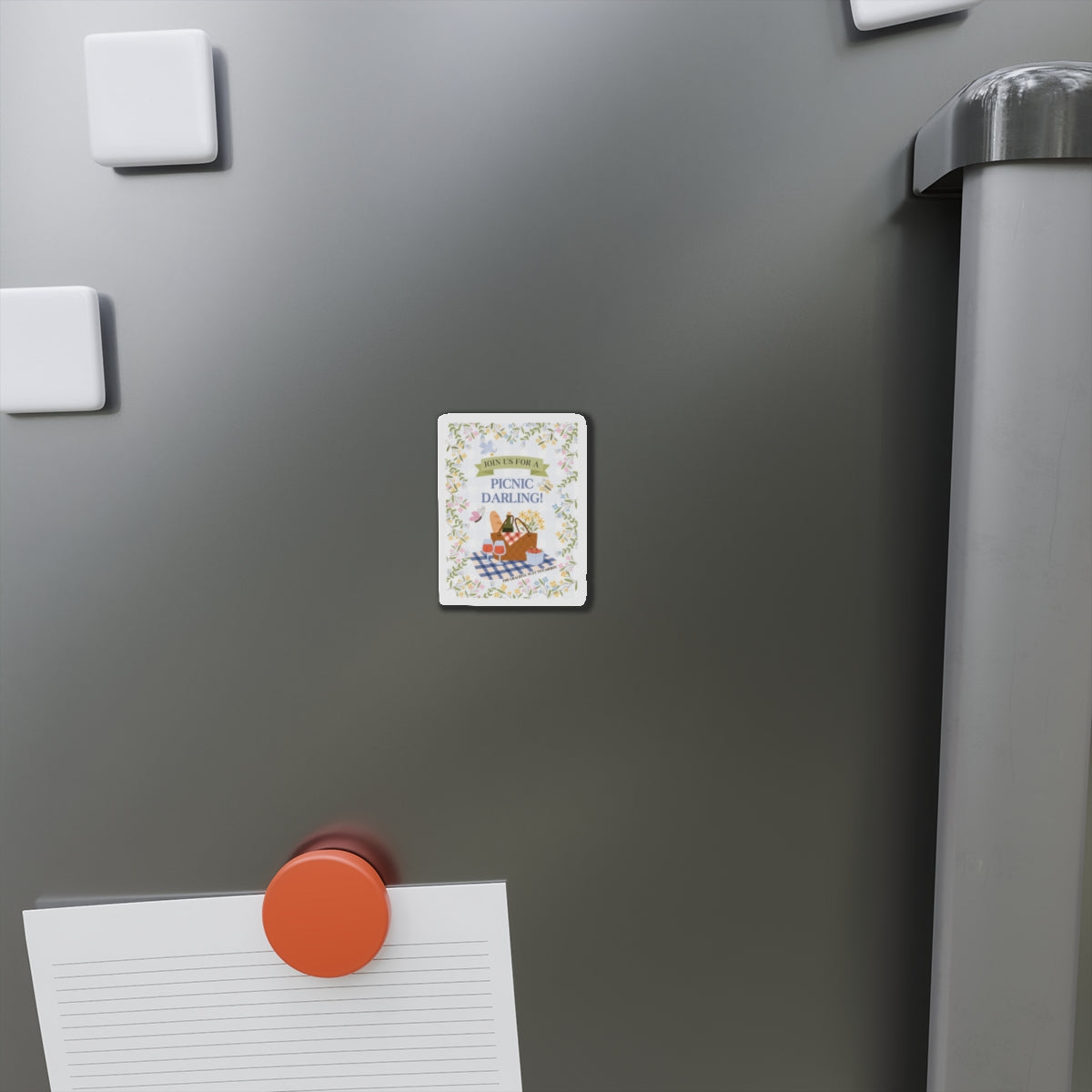 Join Us for a Picnic Darling! Die-Cut Magnet — Cute Picnic Basket Floral Refrigerator Magnet