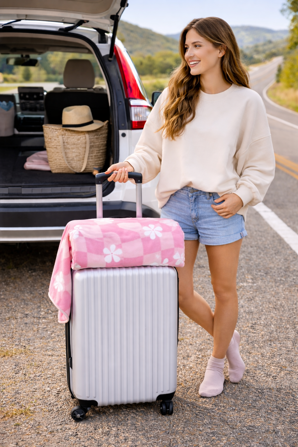 Pink Floral Checker Travel Blanket — Compact Pouch Blanket for Kids & Teens