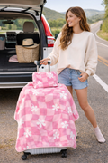 Pink Floral Checker Travel Blanket — Compact Pouch Blanket for Kids & Teens