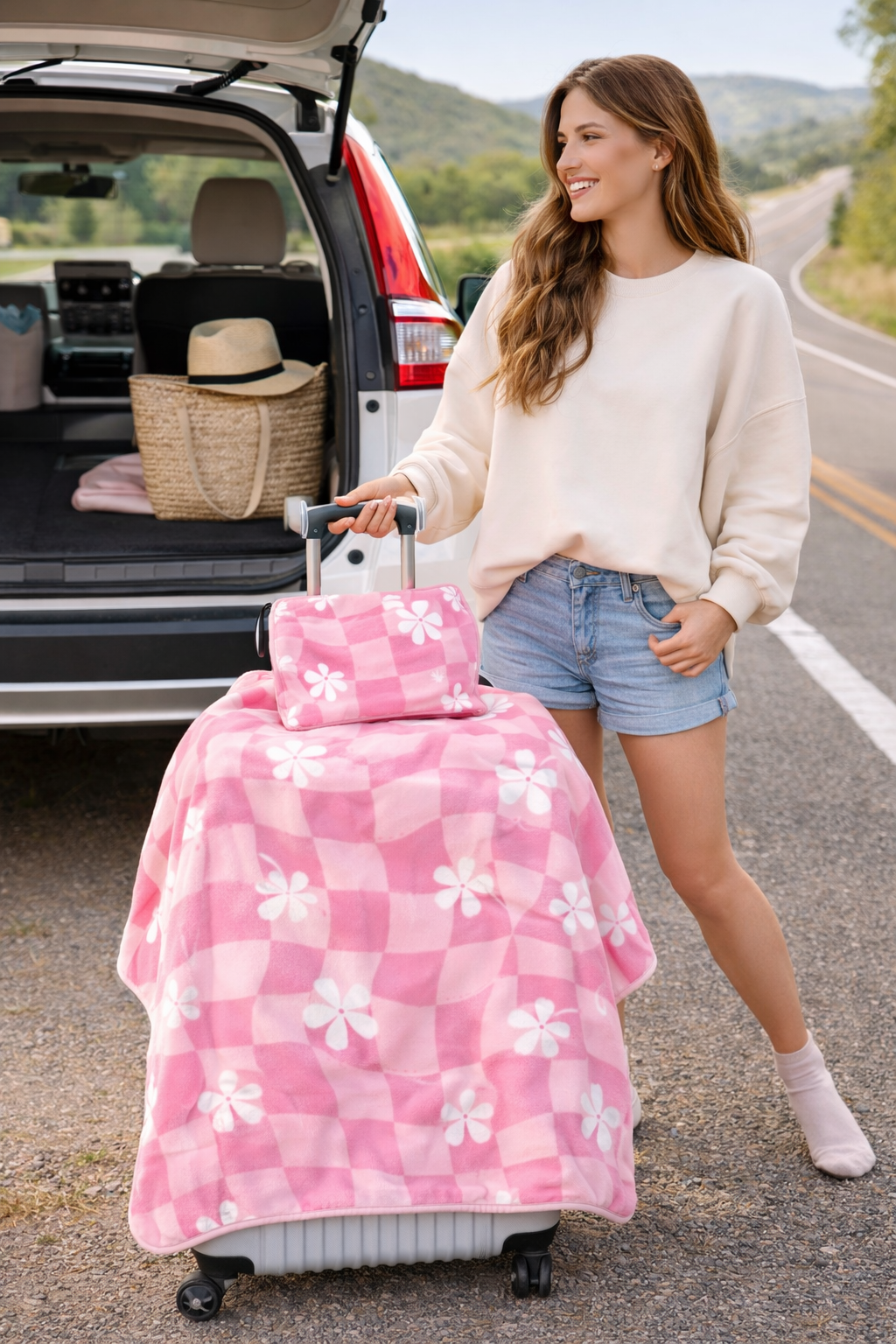 Pink Floral Checker Travel Blanket — Compact Pouch Blanket for Kids & Teens