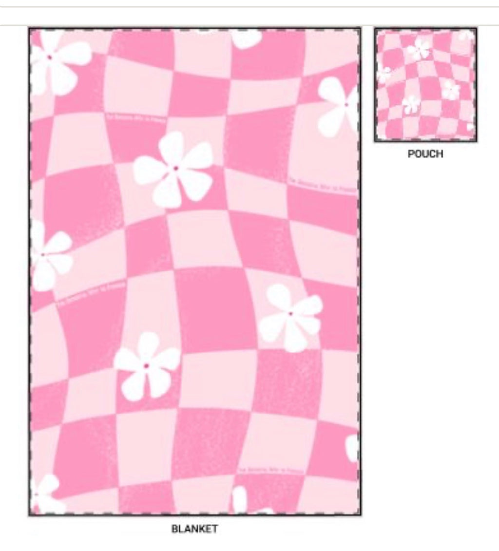 Pink Floral Checker Travel Blanket — Compact Pouch Blanket for Kids & Teens