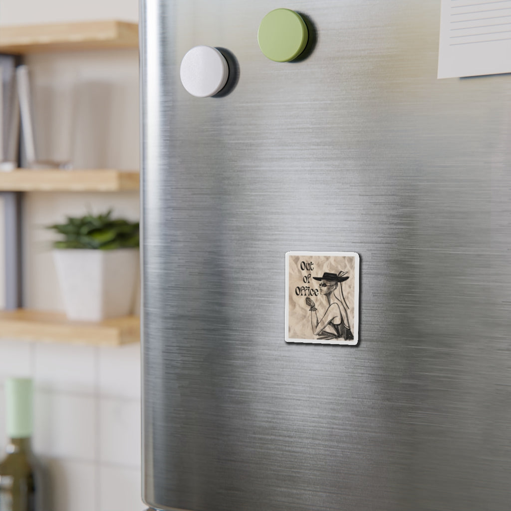 Out of Office Die-Cut Magnet — Retro Lady Vacation Fridge Magnet