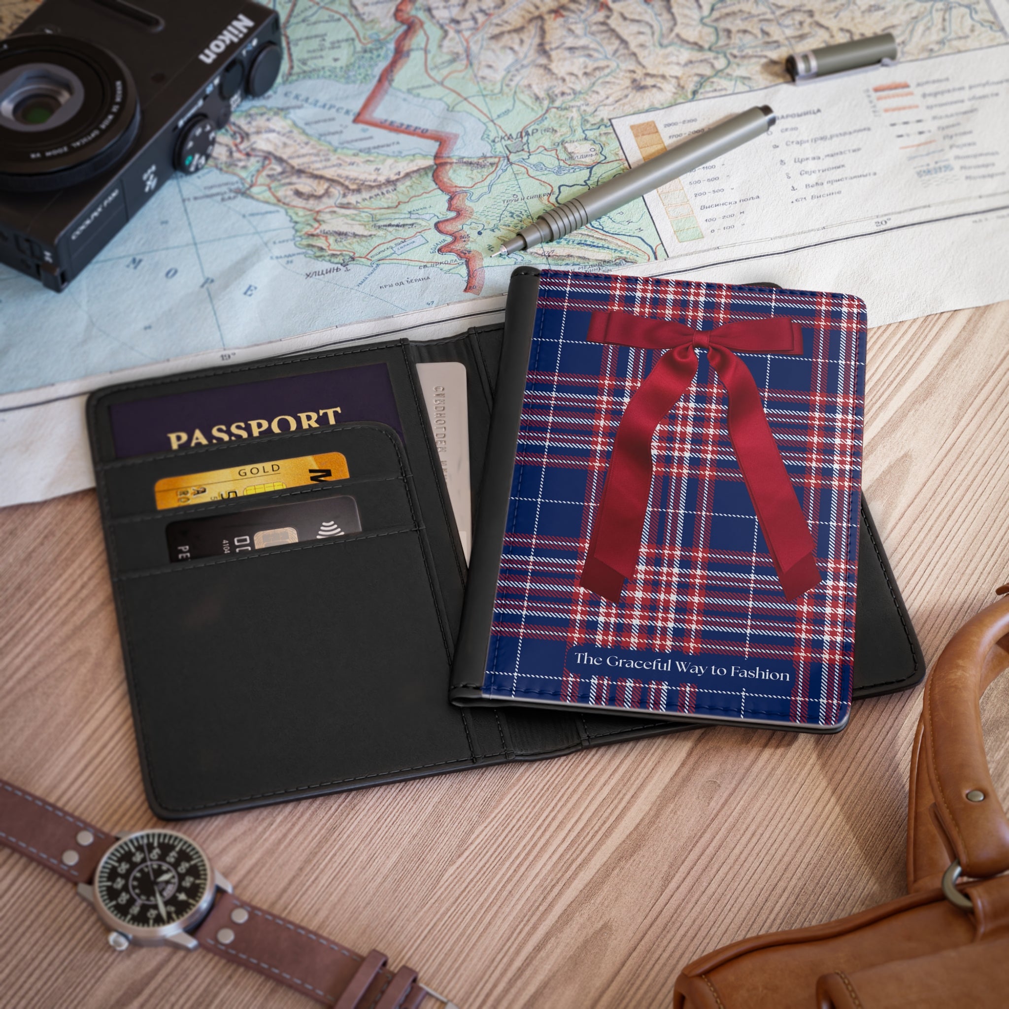 Plaid Ribbon Passport Cover — Blue Red Tartan Travel Wallet