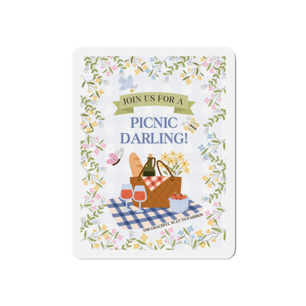 Join Us for a Picnic Darling! Die-Cut Magnet — Cute Picnic Basket Floral Refrigerator Magnet