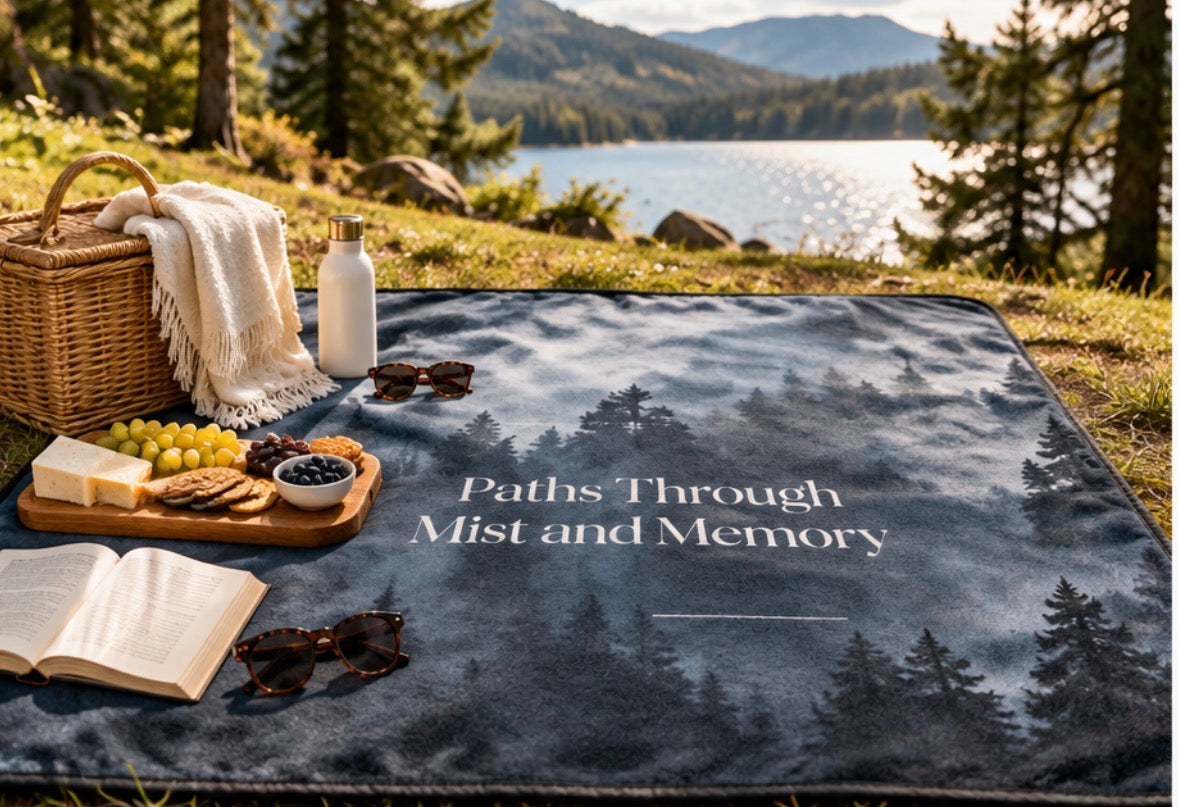Paths Through Mist and Memory Picnic Blanket — Foggy Forest Outdoor Throw