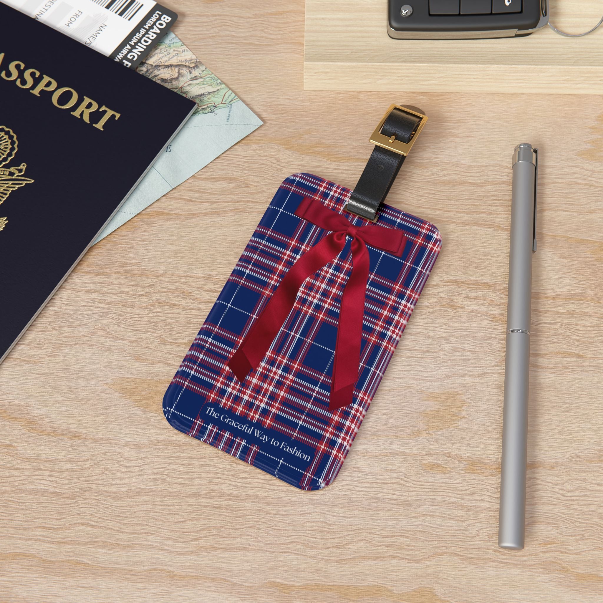 Plaid Luggage Tag with Red Bow – Holiday Gift Travel ID